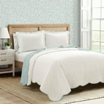 Lush Decor Coastal Chic Scalloped Edge Reversible Cotton Quilt 3 Piece Set, Full/Queen, Ste Blue & White - Queen Bedding Set - White Quilt - Coastal Decor