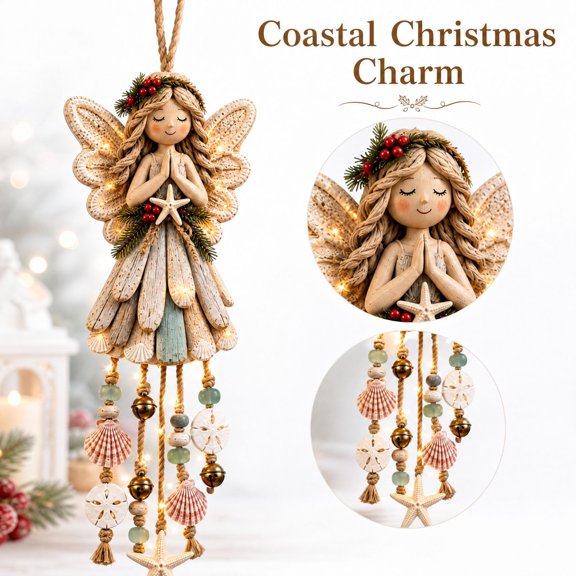Coastal Christmas Angel Hanging Ornament 2D Flat Coastal Charm Starfish Seashell Tree Pendant for Indoor Holiday Decoration