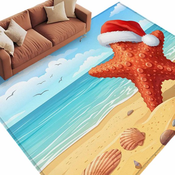 Coastal Christmas Area Rug 5x7 Washable Rug Non Slip Winter Beach Ocean Waves Starfish Large Area Rug Soft Stainresistant Indoor Floor Carpet for Living Room Bedroom Home Office Dining Room Nursery