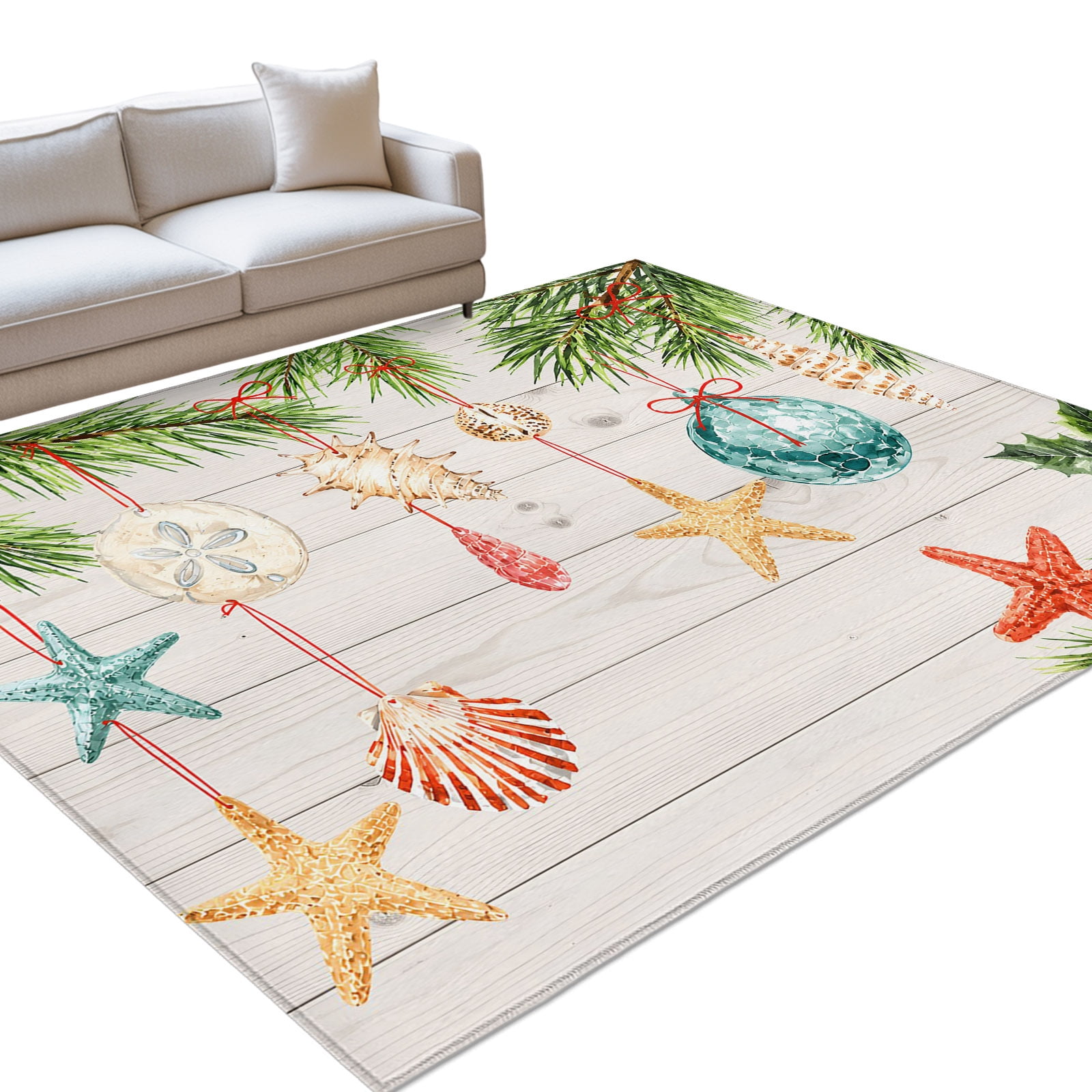 Coastal Christmas Area Rug 6'x9', Boho Pine Branch Starfish Seashell ...