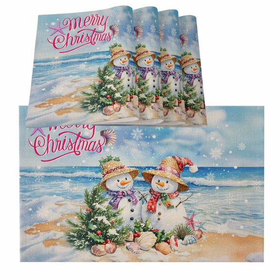 Coastal Christmas Beach Snowman Xmas Tree Shell Rustic Burlap Kitchen Place Mats Waterproof Cloth Table Mats, Indoor Outdoor Placemats Easy Clean Dinner Decor