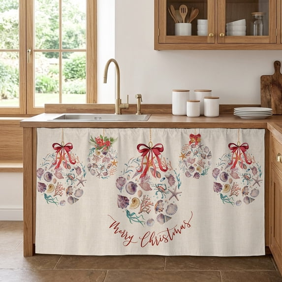 Coastal Christmas Cabinet Curtain 28"Wx51"L, Dustproof Storage Cabinet Curtain with Self Adhesive Tape, Xmas Balls Nautical Starfish Tall Pantry Cover Drape for Kitchen, Laundry Room, Utility Closet