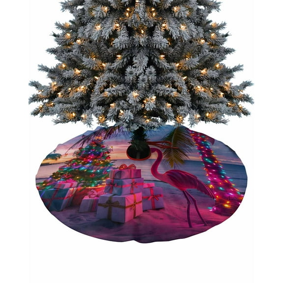 Coastal Christmas Christmas Tree Skirt 36 Inches Large Christmas Skirt Tree, Flamingo Xmas Palm Tree Beach Tree Skirt Christmas Decorations for Fireplace Party Holidays Indoor Outdoor