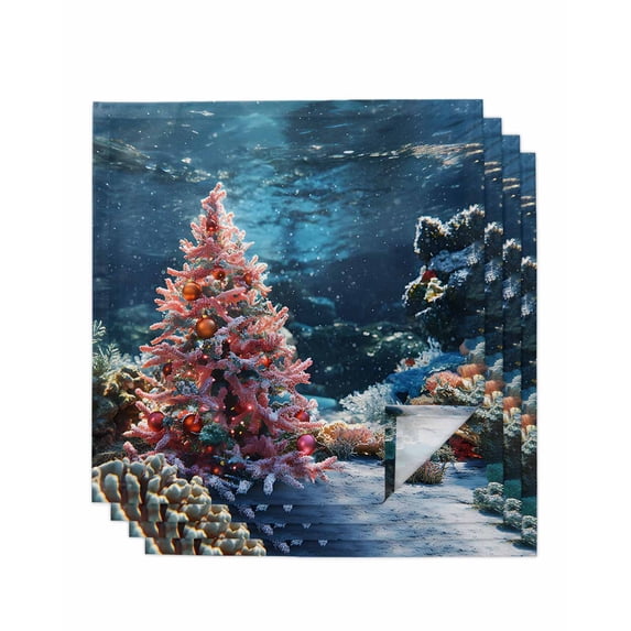 Coastal Christmas Cloth Napkins Set of 4, Xmas Tree Coral Ocean Nautical Washable Reusable Dinner Cocktail Napkin for Kitchen Party Wedding Banquet Holiday Baby Shower Table Decor