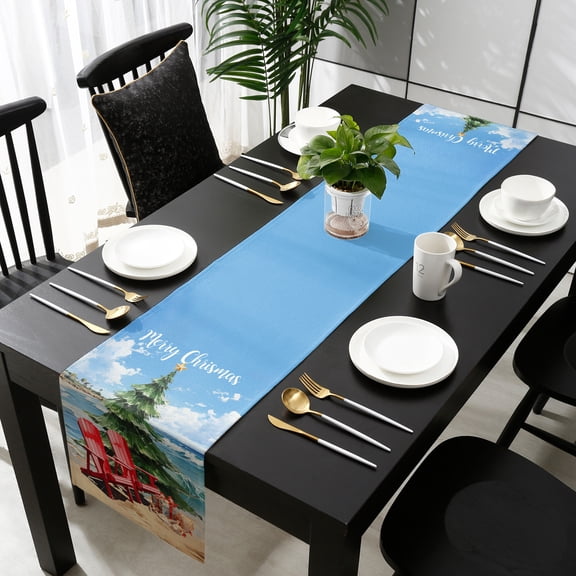 Coastal Christmas Cotton Linen Small Table Runner 13 x 48 inch Xmas Tree Nautical Beach Shell Non-slip Rectangular Dining Table Decor for Wedding Party Holiday Dinner