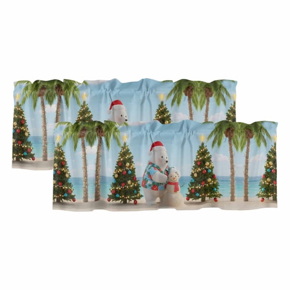 Coastal Christmas Curtain Valances for Windows, Kitchen Valance Window Treatments Panel 2 Pack, Beach Winter Bears Xmas Tree Holiday Rod Pocket Short Curtains for Bathroom Bedroom 54 x 18 Inch