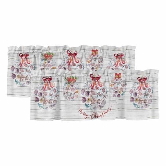 Coastal Christmas Curtain Valances for Windows, Kitchen Valance Window Treatments Panel 2 Pack, Xmas Balls Nautical Starfish Vintage Rod Pocket Short Curtains for Bathroom Bedroom 60 x 18 Inch