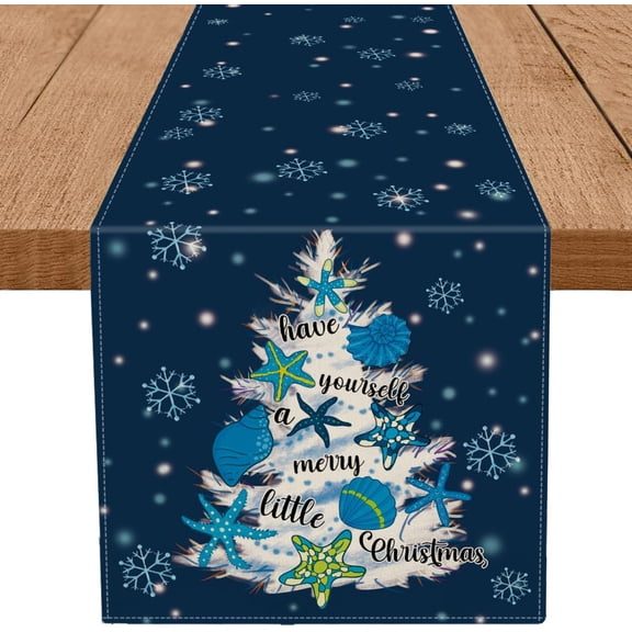 Coastal Christmas Decorations Table Runner Christmas Tree Snow Starfish Shell Ocean Beach Themed Winter Xmas Kitchen Dining Home Decor 13x72 Inch