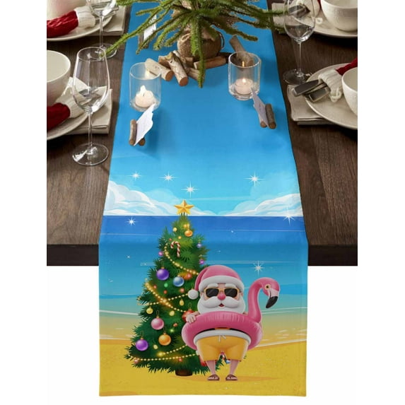 Coastal Christmas Dresser Scarf Farmhouse, Dining Table Decorations for Wedding/Parties, Flamingo Santa Ocean Beach Nautical Table Runner 108 Inches Long for Kitchen Dining, 13 x 108 In