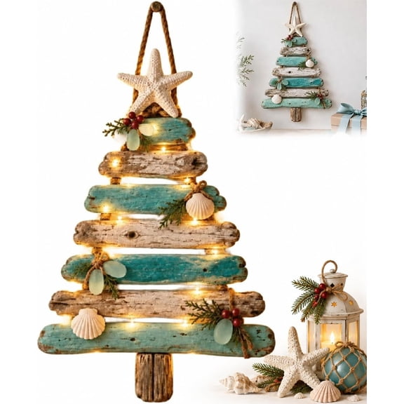 Coastal Christmas Driftwood Tree Decor, Wooden Lighted Beach Wall Hanging. Christmas Tree with Starfish & Seashells, Driftwood LED Wall Art Hanging, Rustic Beachy Ornament, Holiday Gift & Decor Items