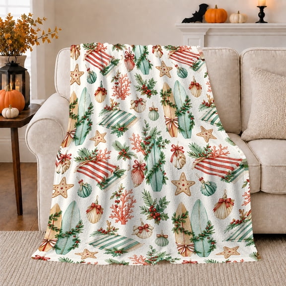 Coastal Christmas Flannel Blanket, Cream Teal Red Surfboard Shell Starfish Coral Pine Berry Pattern for Sofa Couch Bed Living Room Bedroom Home Decor Holiday Gift for Beach Lovers