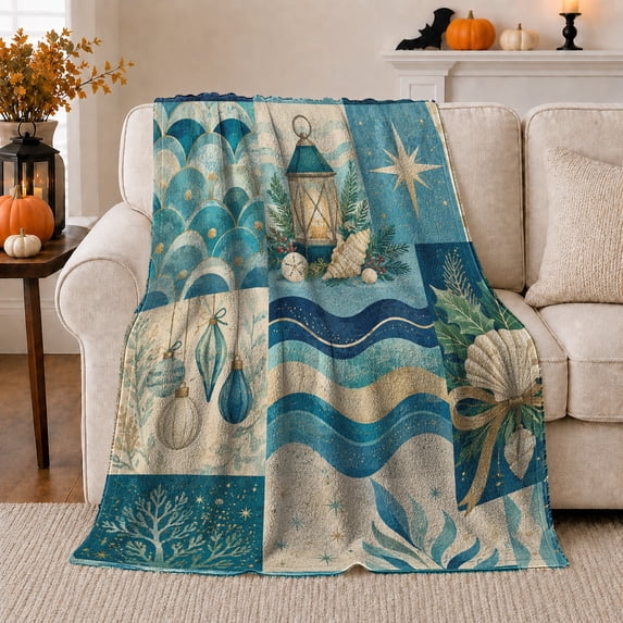 Coastal Lantern With Shells And Ornaments, Festive Coastal Patchwork Illustration, Christmas Gift for Coastal Art Enthusiasts, Cozy Flannel Blanket and Home Decor for Living Room and Bedroom
