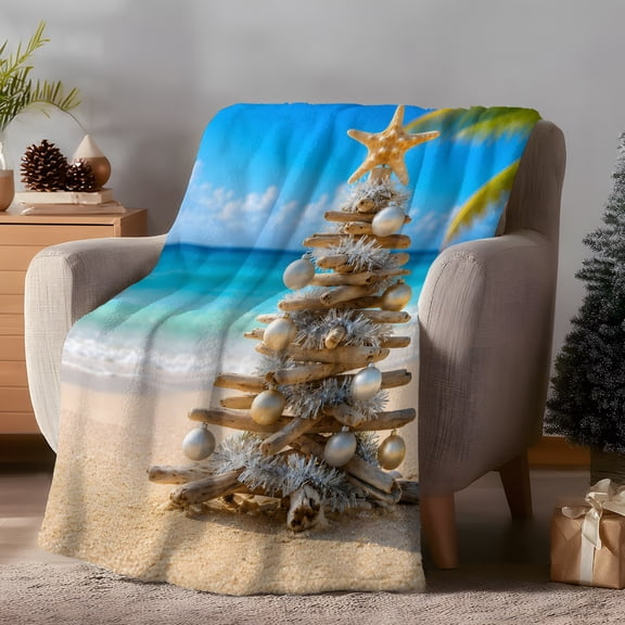 Coastal Christmas Fleece Throw Blanket Lightweight Driftwood Xmas Tree Sandy Beach Turquoise Sea Fuzzy Flannel Throws Super Soft Cozy Flannel Blanket for Couch, Sofa, Bed, Travel 30"x40"