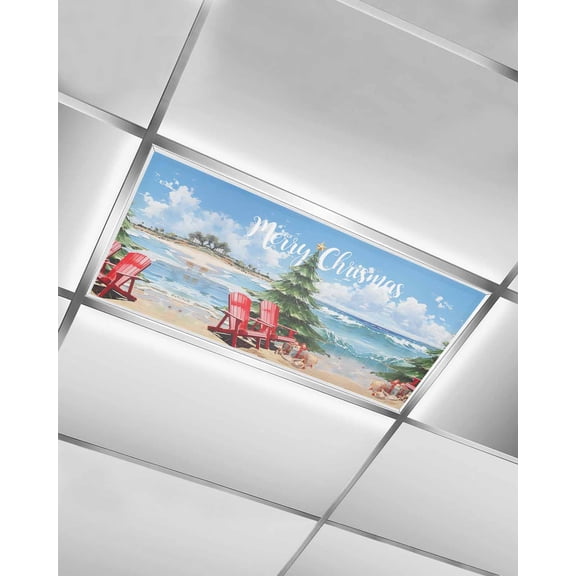Coastal Christmas Fluorescent Light Covers for Ceiling Lights 4x2 feet,1 Pack Magnetic Light Filters for Classroom,Xmas Tree Nautical Beach Shell Fluorescent Light Shade Panel for Office School Drop