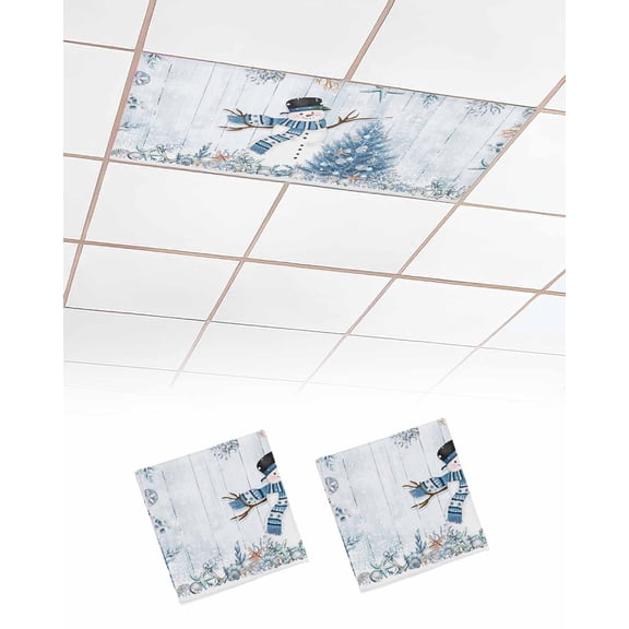 Coastal Christmas Fluorescent Light Covers for Ceiling Lights 4x2 feet,2 Pack Magnetic Light Filters for Classroom,Beach Coral Snowman Xmas Tree Blue Wood Fluorescent Light Shade Panel for Office