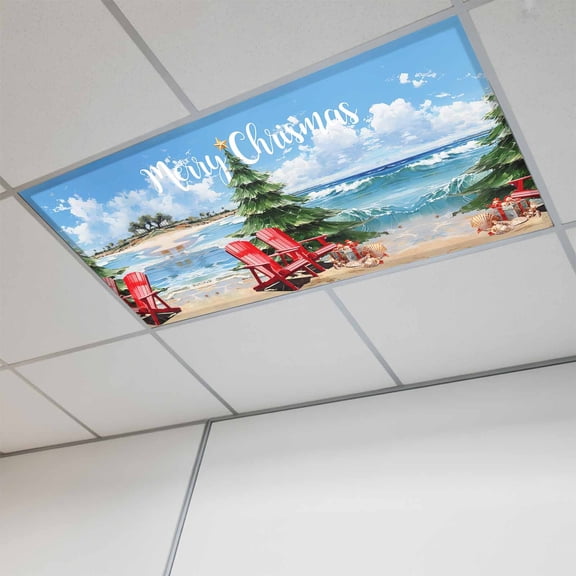 Coastal Christmas Fluorescent Light Covers, Xmas Tree Nautical Beach Shell Magnetic Light Covers for Ceiling Lights, Fluorescent Ceiling Shade Filters for Classroom Bedroom Office 4x2Ft x 1PCS