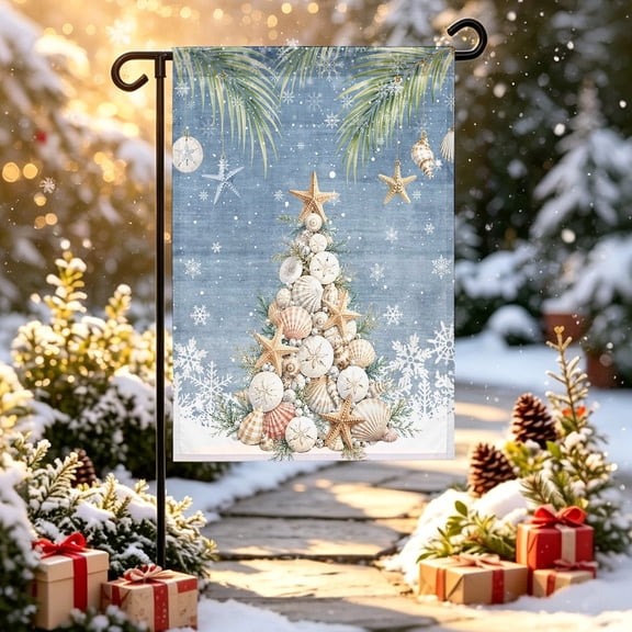 Coastal Christmas Garden Flag 12x18 inch Nautical Seashell Christmas Tree Snowflake Blue Double Sided Small Decorative Garden Flags for Outside, Outdoor Yard Porch Lawn Decoration