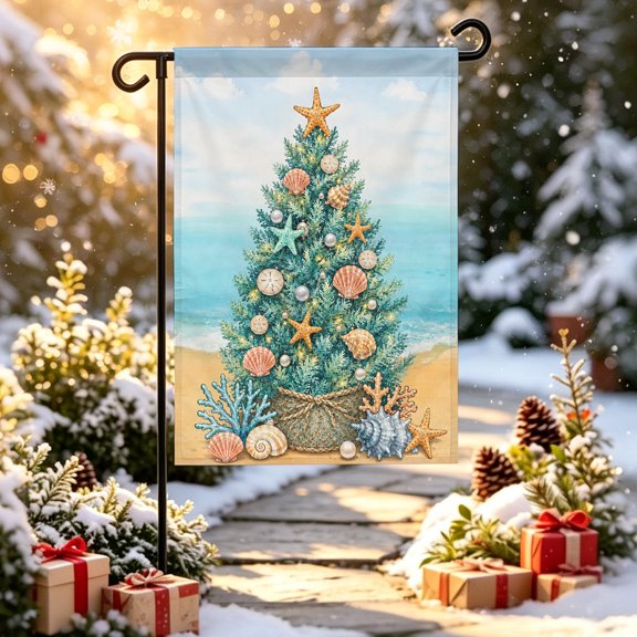 Coastal Christmas Garden Flag 12x18 inch Ocean Sand Seashell Starfish Christmas Tree Double Sided Small Decorative Garden Flags for Outside, Outdoor Yard Porch Lawn Decoration