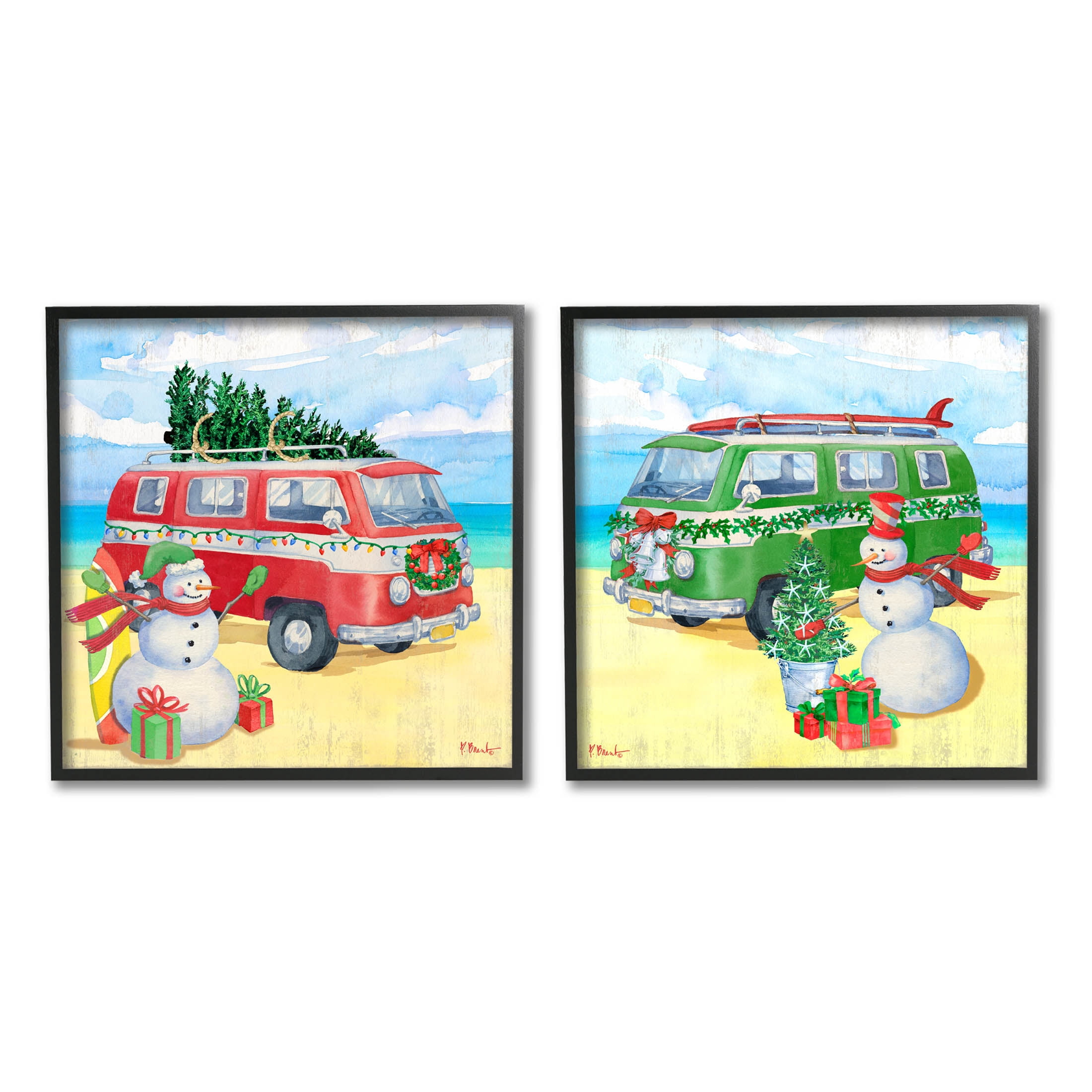 Coastal Christmas Holiday Beach Snowmen Holiday Graphic Art Black Framed Art Print Wall Art, Set of 2