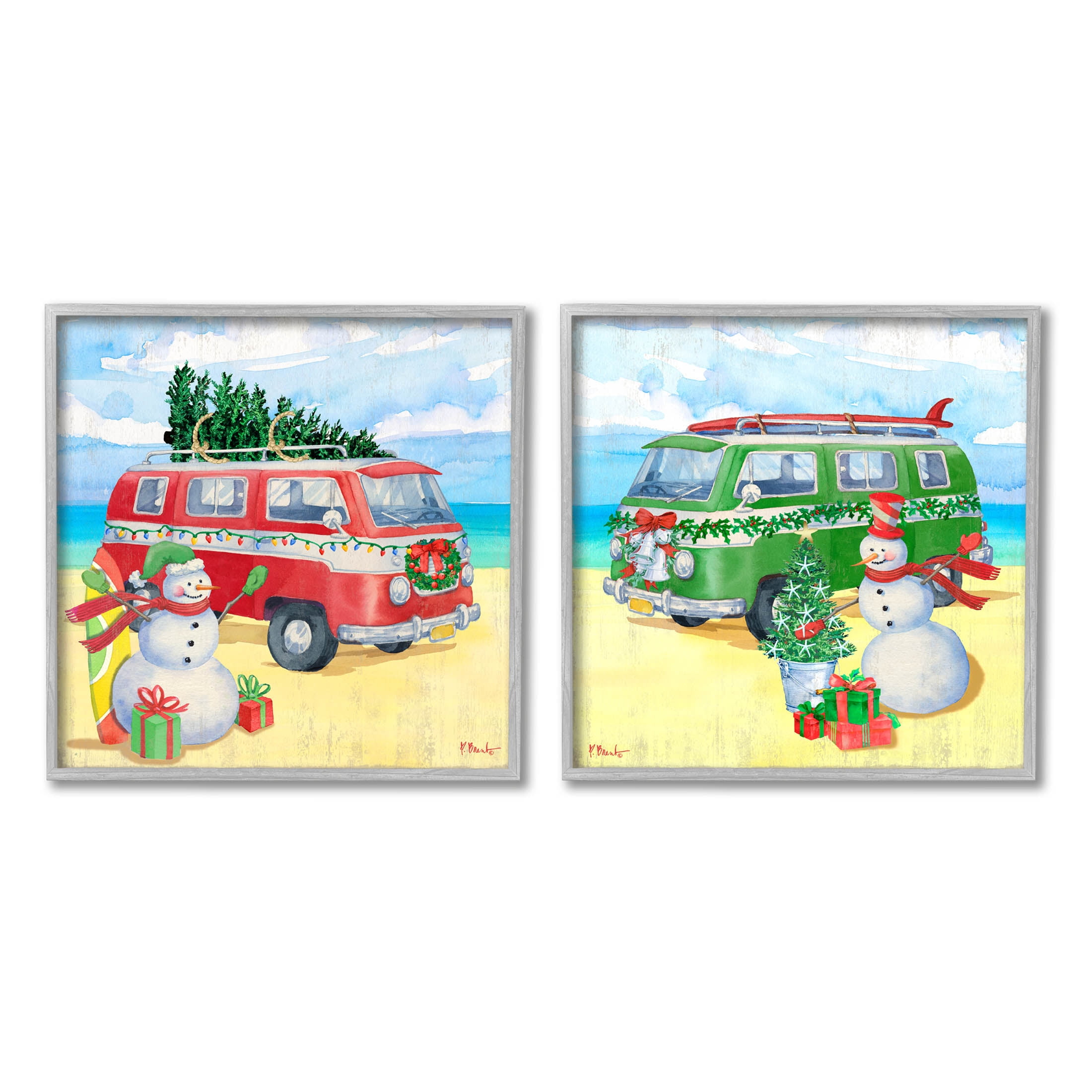 Coastal Christmas Holiday Beach Snowmen Holiday Graphic Art Gray Framed Art Print Wall Art, Set of 2