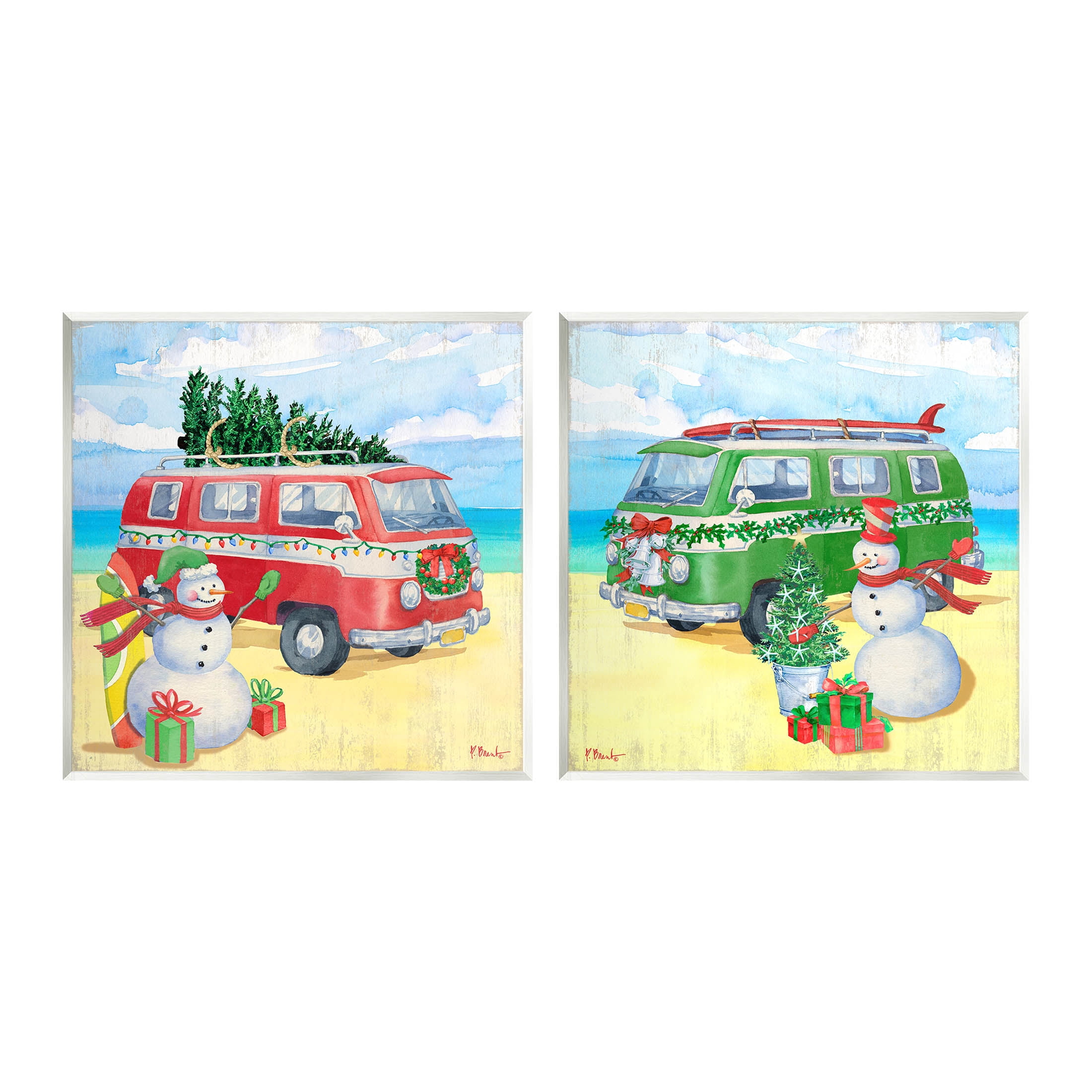 Coastal Christmas Holiday Beach Snowmen Holiday Graphic Art Unframed Art Print Wall Art, Set of 2