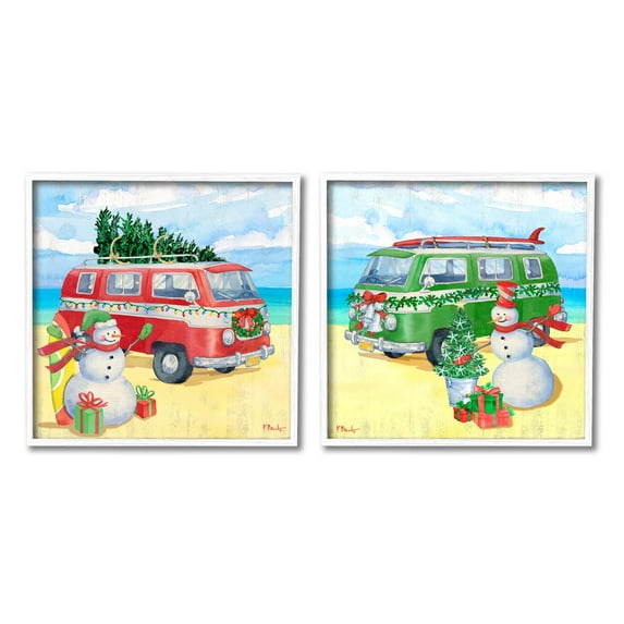 Coastal Christmas Holiday Beach Snowmen Holiday Graphic Art White Framed Art Print Wall Art, Set of 2