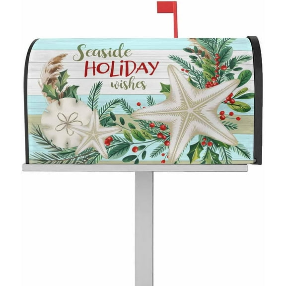 Coastal Christmas Mailbox Covers Magnetic Mailbox Wraps, Seaside Holiday Wishes Xmas Beach Starfish Post Letter Box Cover for Garden Yard Outdoor Decor Standard Size 21x25.5 Inch