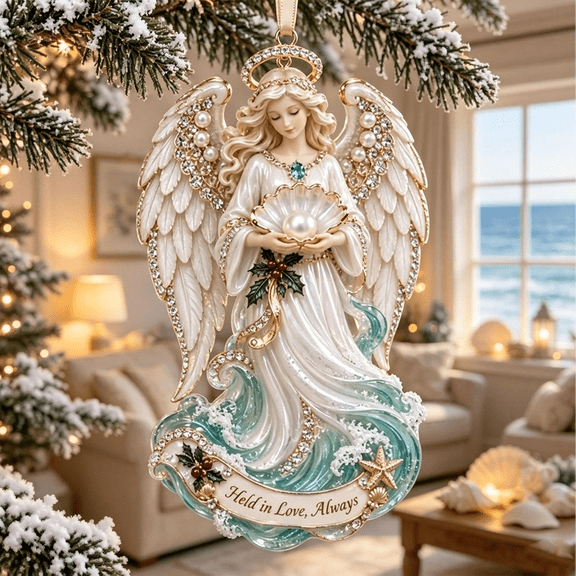 Coastal Christmas Ornament – Sea Glass & Shell Memory Keepsake, Angel Figurine Ceramic Hanging Ornament, Shell Pearl & Rhinestone Details, Sentimental Keepsake for Christmas Tree