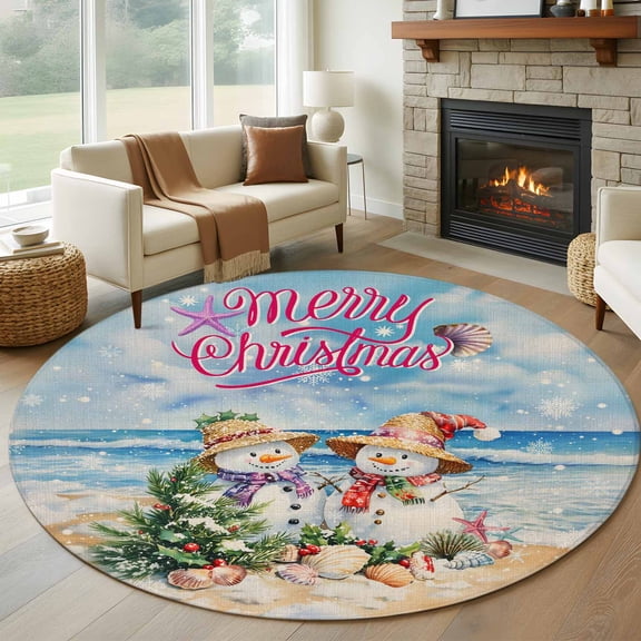 Coastal Christmas Round Area Rug 6 FT, Non Slip Bedroom Area Rug, Beach Snowman Xmas Tree Shell Rustic Washable Soft Circular Carpet Floor Mat for Kitchen Dining Room Home Office Kids Room