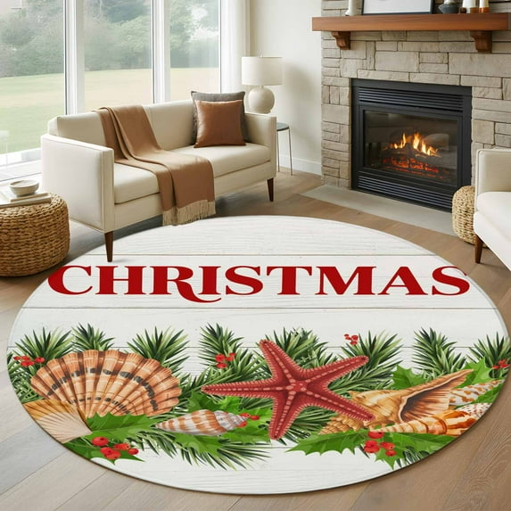 Coastal Christmas Round Area Rug 6Ft Washable Circle Rugs for Bathroom Office, Nautical Starfish Pine Needle Xmas Non-Slip Carpet Floor Mats Indoor Outdoor Carpet Runner Aesthetic Home Decor