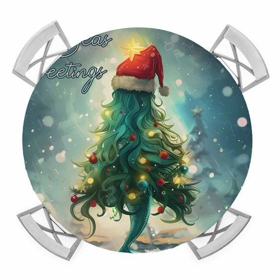 Coastal Christmas Round Tablecloth for 45-54 Inch Tables,Fitted Table Cover with Elastic Edge,Xmas Pine Tree Ocean Beach Green Waterproof Outdoor Table Cloth Protector for Patio Garden Dinner Picnic