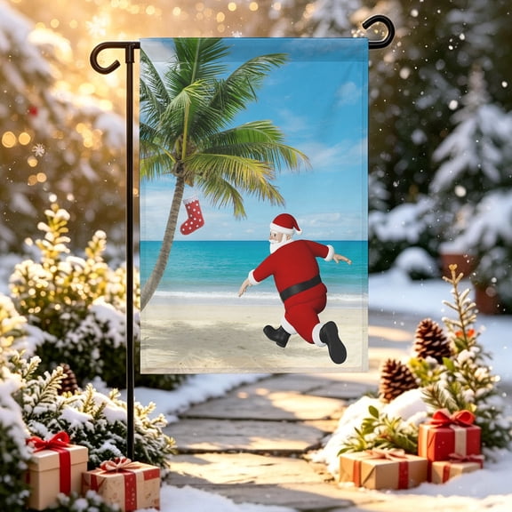 Coastal Christmas Santa Garden Flag 12x18 inch Xmas Stocking Palm Tree Beach Double Sided Small Decorative Garden Flags for Outside, Outdoor Yard Porch Lawn Decoration