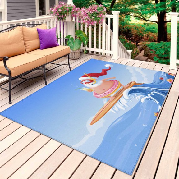 Coastal Christmas Santa Outdoor Rug 3x5 Ft, Non Slip Washable Area Rug, Ocean Beach Wave Nautical Surfing Patio Rugs Carpet Runner, Large Floor Mat for Indoor/Outdoor Deck Porch Camping