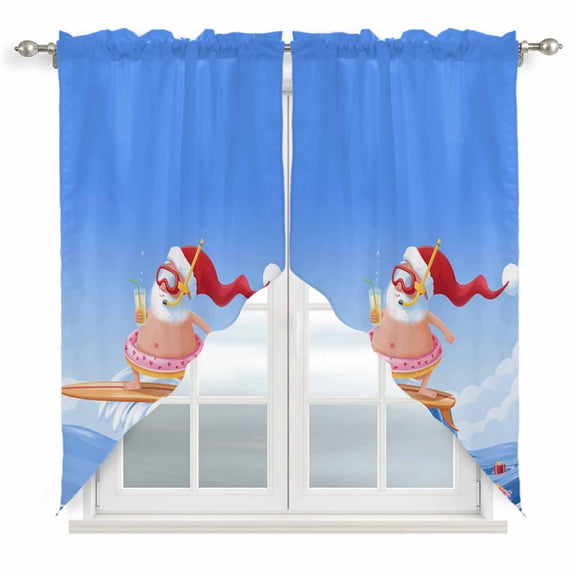 Coastal Christmas Santa Swag Valances for Windows 2 Pack, Kitchen Window Curtains 36 Inch Length, Ocean Beach Wave Nautical Surfing Privacy Swag Curtains for Living Room/Bathroom 36"x36"