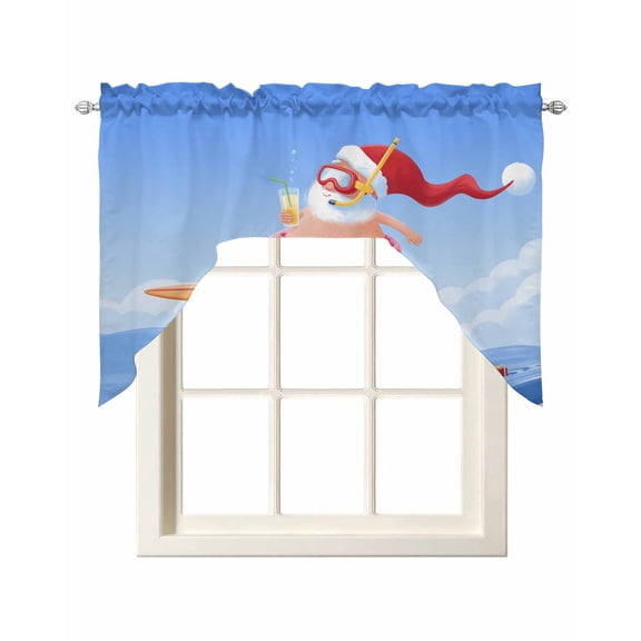 Coastal Christmas Santa Swag Valances for Windows, Small Curtains Drapes, Ocean Beach Wave Nautical Surfing Kitchen Window Curtains Over Sink Window Treatment Valance for Bedroom/Bathroom 56"x36"