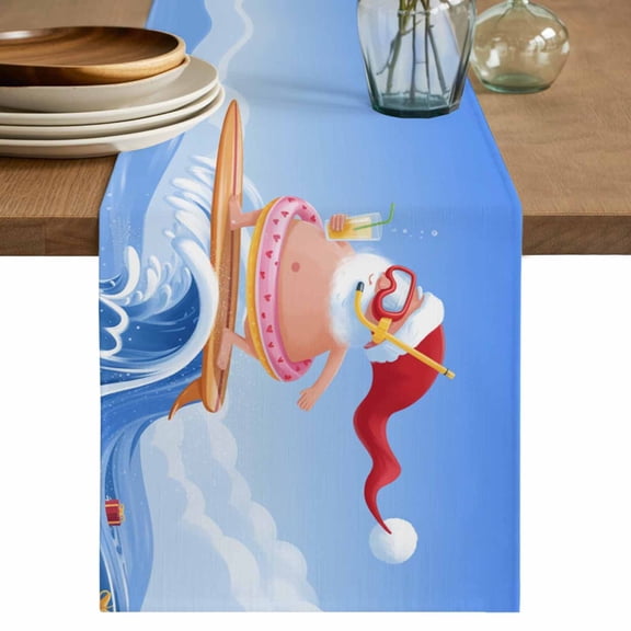 Coastal Christmas Santa Table Runner 36 Inches, Ocean Beach Wave Nautical Surfing Bed Runner Dresser Scarves Tabletop for Indoor Outdoor Parties/Ceremony/Banquet, 13"x 36"