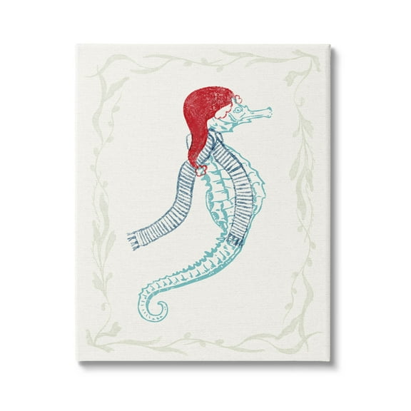 Coastal Christmas Seahorse Santa Holiday Graphic Art Gallery Wrapped Canvas Print Wall Art