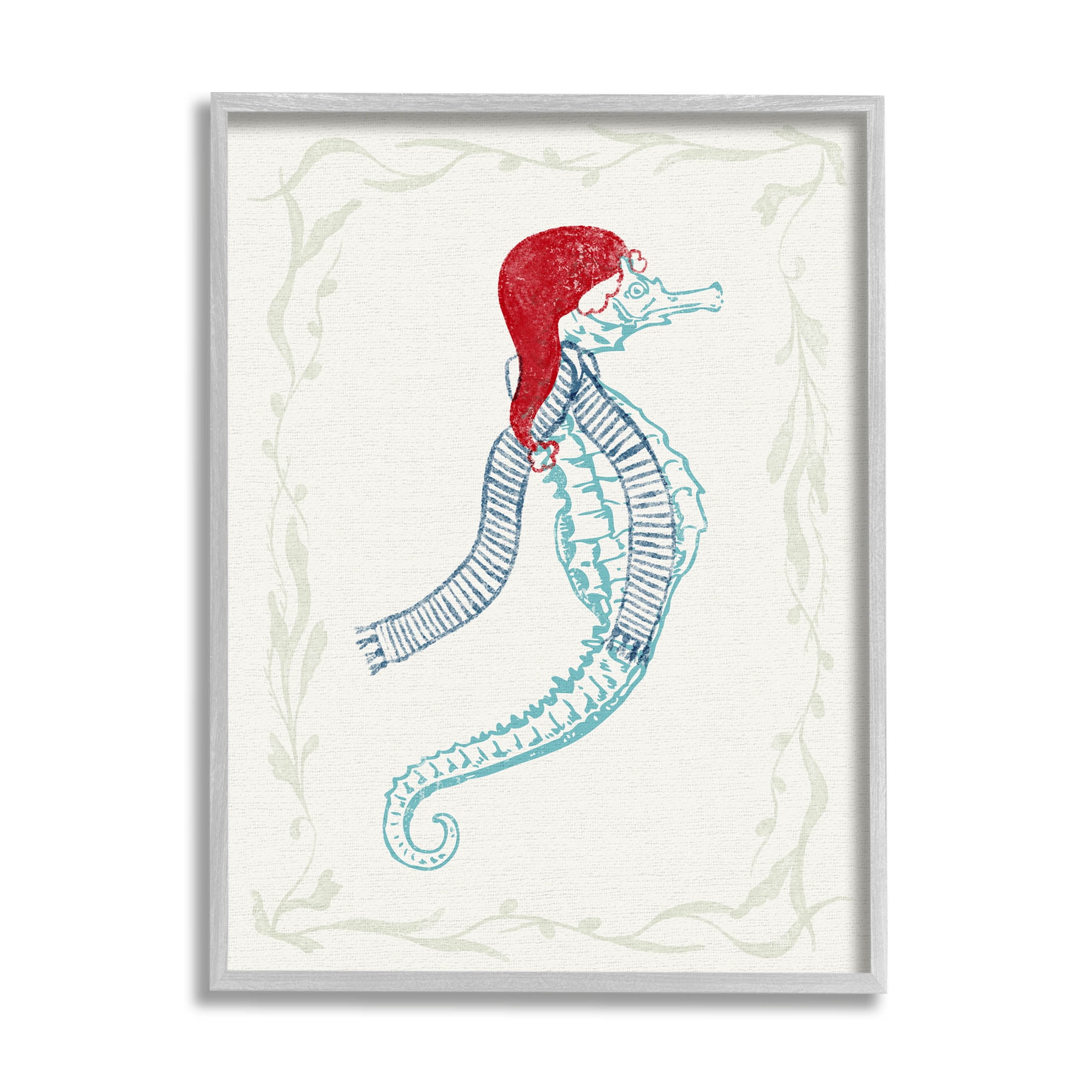 Coastal Christmas Seahorse Santa Canvas Print with Gray Frame
