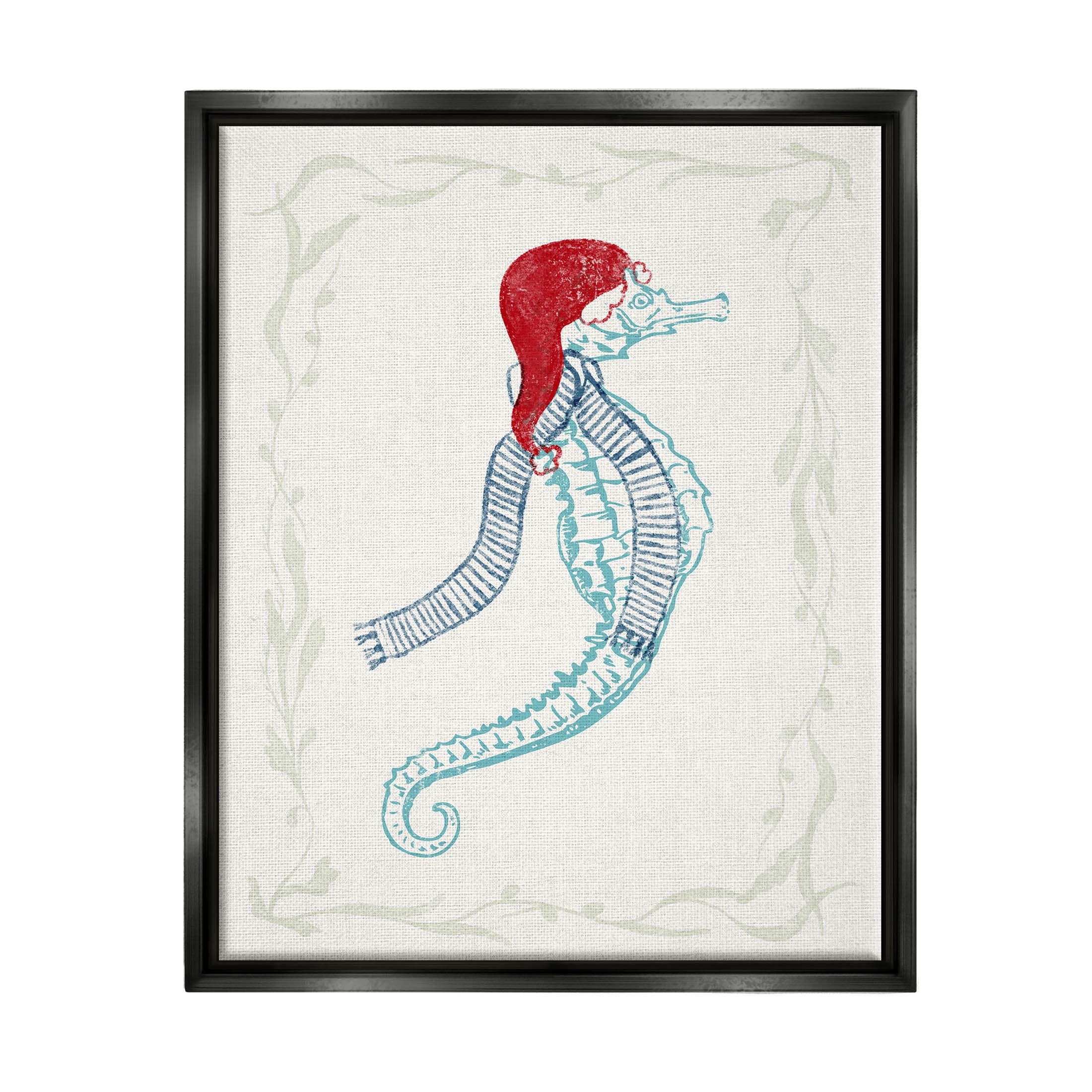 Coastal Christmas Seahorse Santa Holiday Graphic Art Jet Black Framed Art Print Wall Art