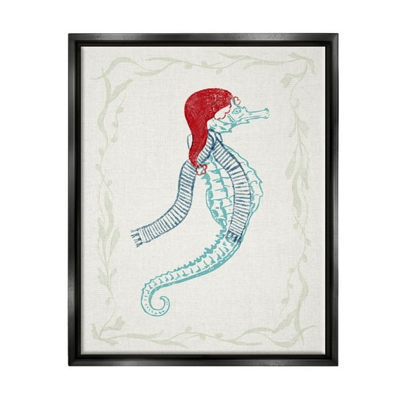 Coastal Christmas Seahorse Santa Holiday Graphic Art Jet Black Framed Art Print Wall Art