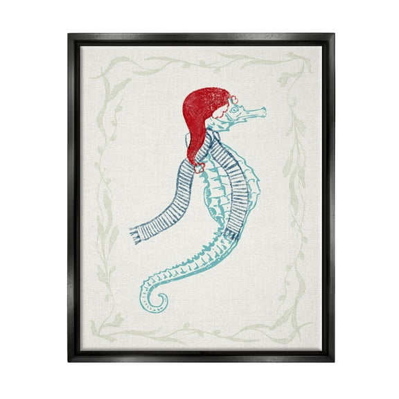 Coastal Christmas Seahorse Santa Holiday Graphic Art Jet Black Framed Art Print Wall Art