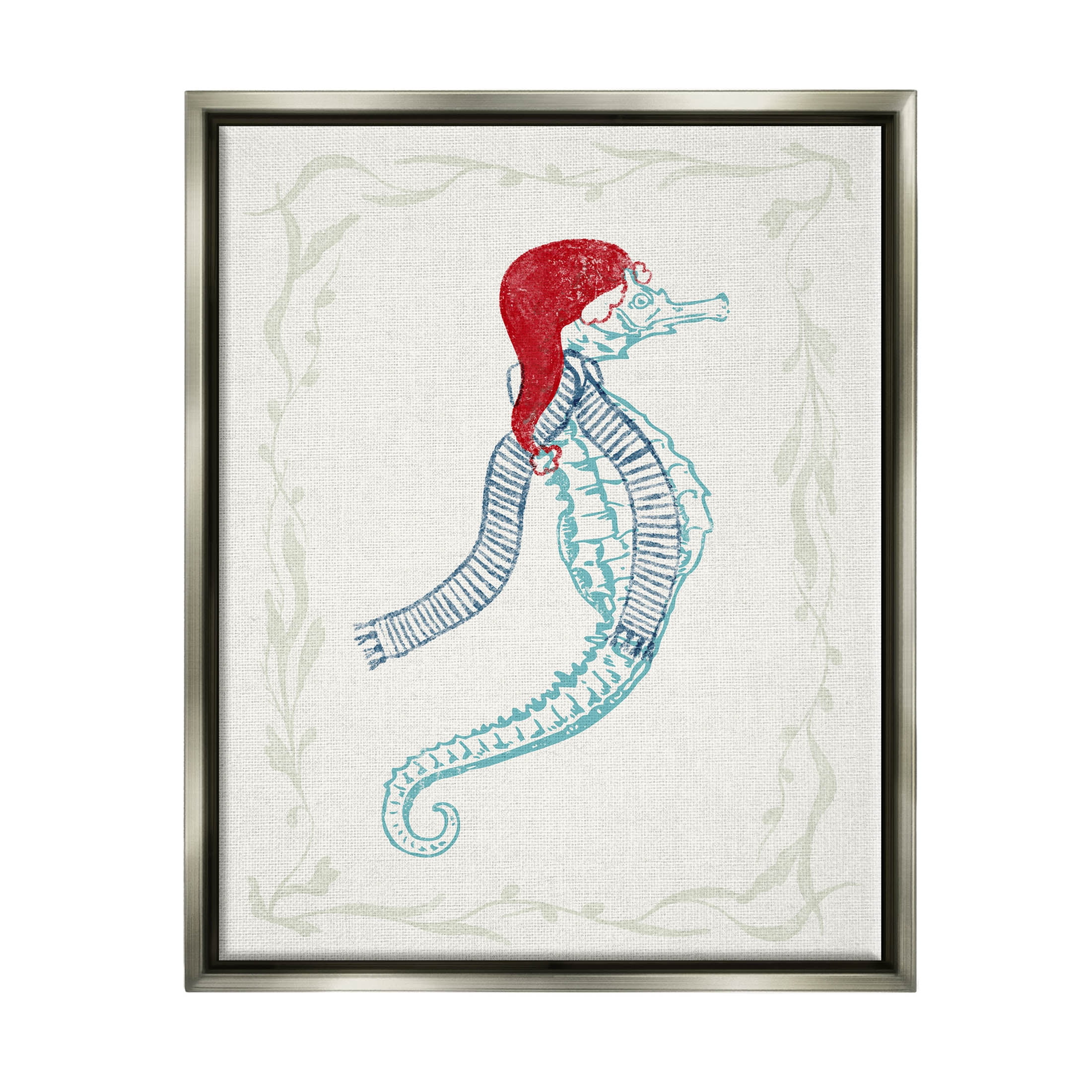 Coastal Christmas Seahorse Santa Holiday Graphic Art Luster Gray Framed Art Print Wall Art