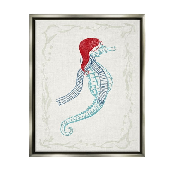 Coastal Christmas Seahorse Santa Holiday Graphic Art Luster Gray Framed Art Print Wall Art