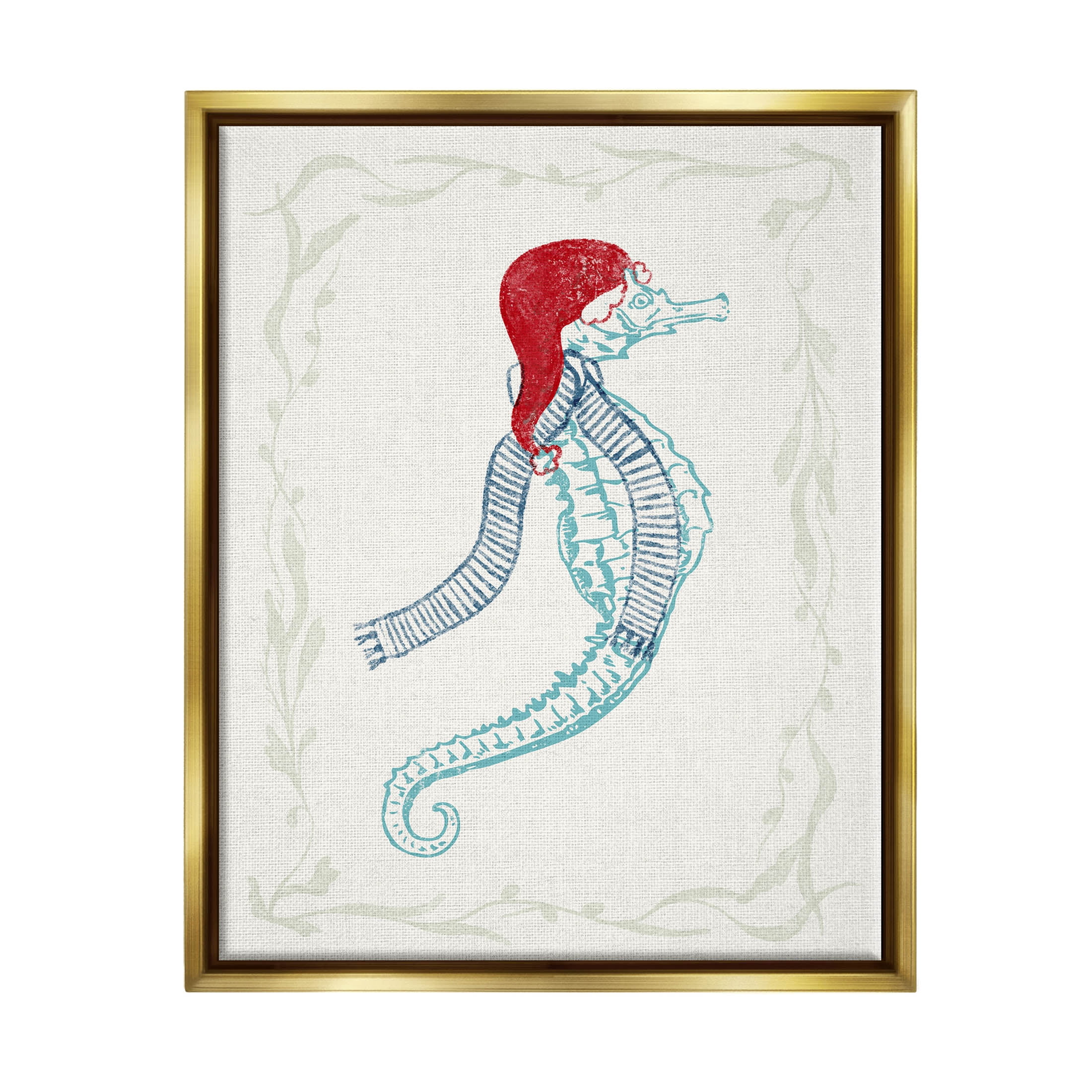 Coastal Christmas Seahorse Santa Holiday Graphic Art Metallic Gold Framed Art Print Wall Art