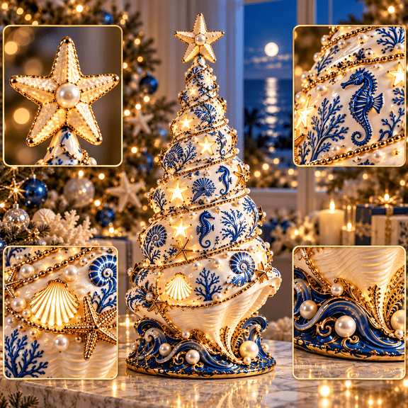 Coastal Christmas Seashell Tree Projection Lamp, Lighted Nautical Holiday Tree with Seashells Seahorse Starfish Coral Pearl Accents and Star Topper for Beach House Christmas Decor