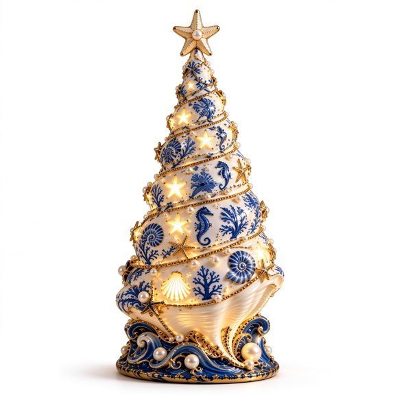 Coastal Christmas Seashell Tree Projection Lamp, Lighted Tabletop Decor, Warm glowing stars & starfish seahorse shell details, ocean wave base, beach house centerpiece gift for mantel or shelf