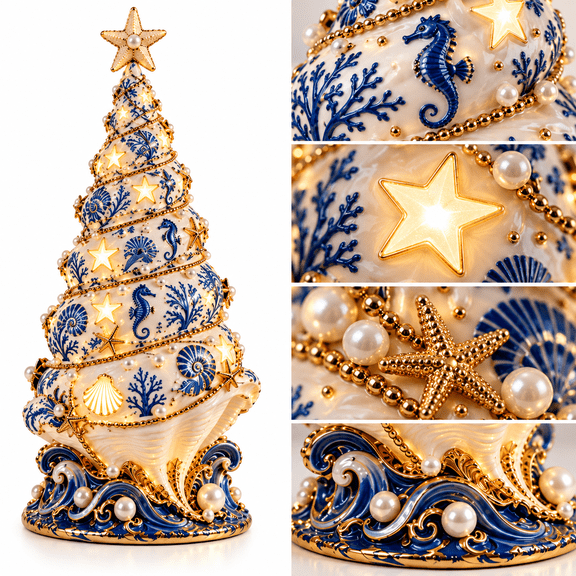 Coastal Christmas Seashell Tree Projection Lamp, Nautical Lighted Christmas Tree with Seashell Starfish Seahorse Coral and Pearl Accents for Living Room Mantel Beach House Holiday Decor
