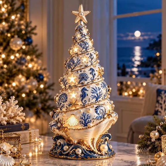 Coastal Christmas Seashell Tree Projection Lamp,Ocean Details from Top to Bottom,Magical by Night Holiday Decor