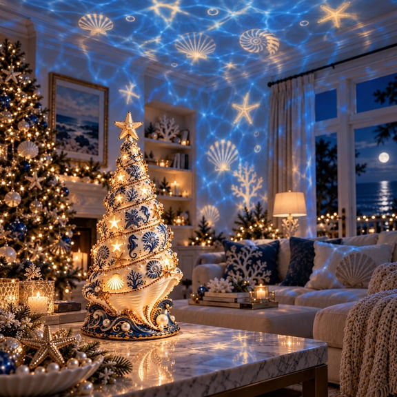 Coastal Christmas Seashell Tree Projection Lamp,Ocean-Inspired Holiday Projector with Warm Golden Glow,Festive Coastal Decor for Living Room Display