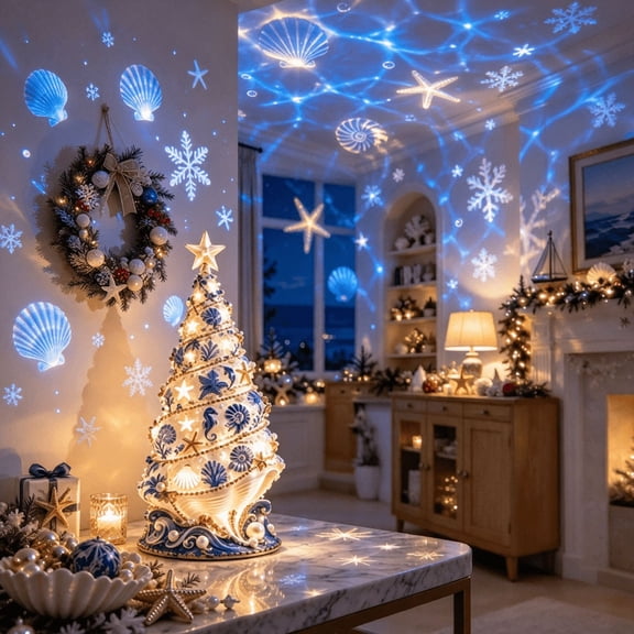 Coastal Christmas Seashell Tree Projection Lamp with Soft Lighting, Ideal for Bedroom Living Room Coastal Christmas Home Decor